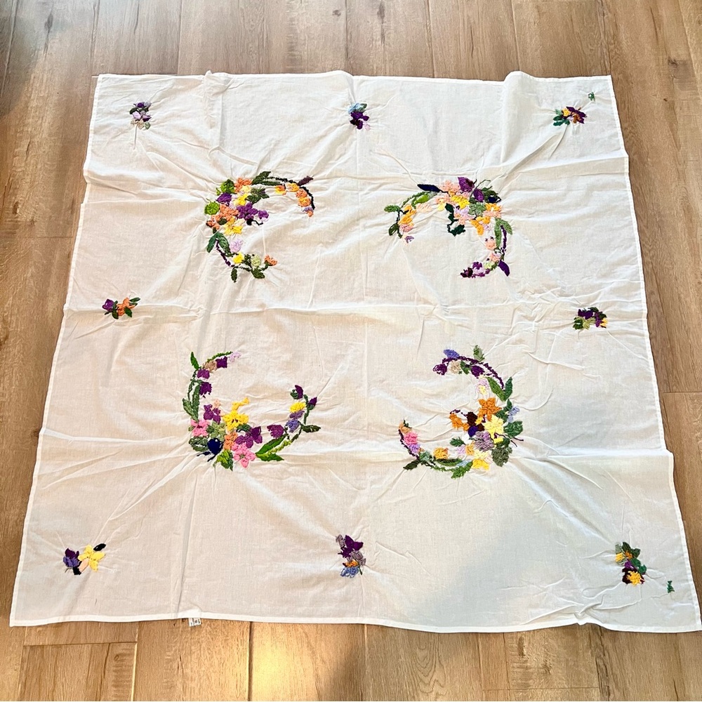 Vintage Hungary Cotton Polyester Square Tablecloth Embroidered Flowers 47”‎